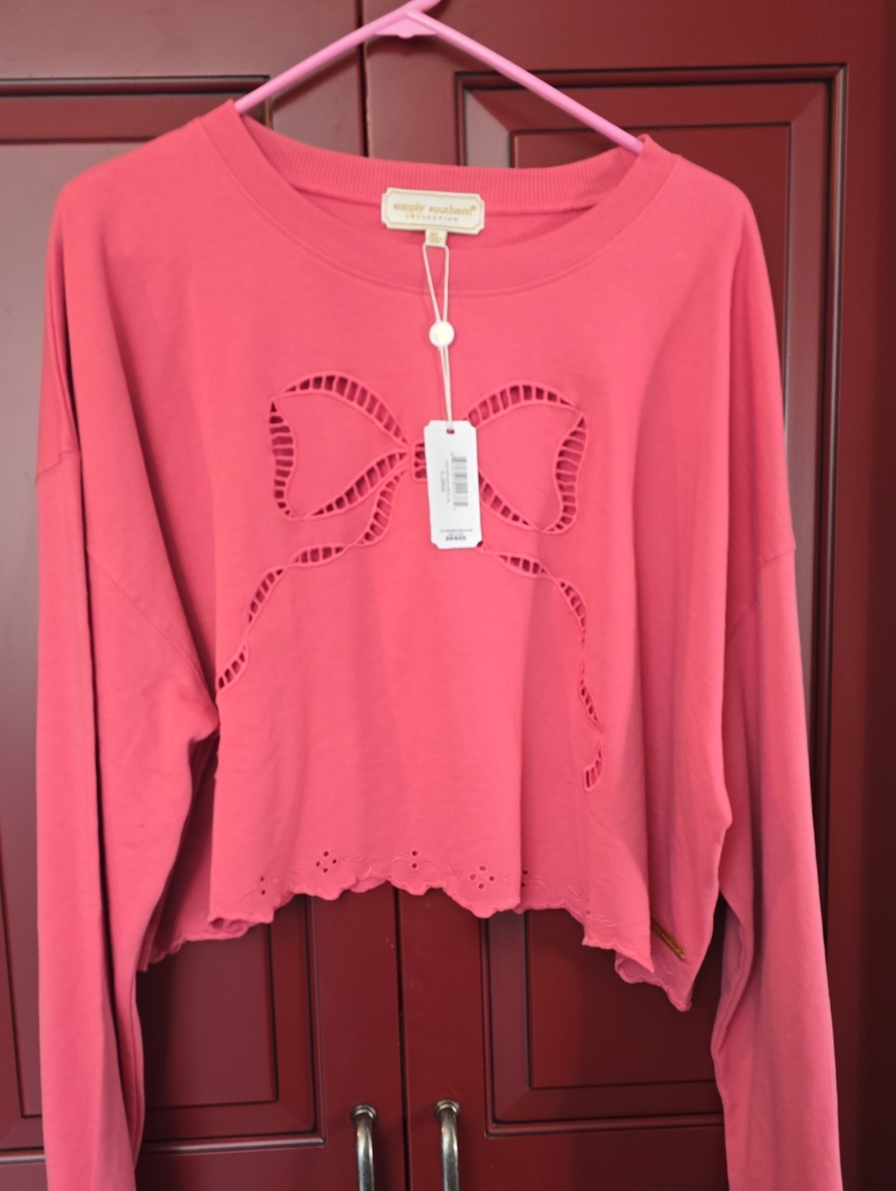 Simply Southern Coral Cutout Bow Cropped Sweatshirt